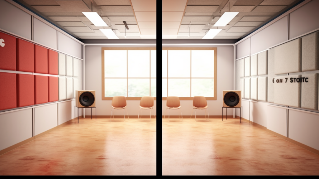 A visual representation highlighting the impact of Sound Transmission Class (STC) ratings on soundproofing. On the left, a room fortified with materials showcasing a high STC rating, effectively blocking out airborne sounds. On the right, a contrasting space with materials featuring a lower STC rating, allowing noise to penetrate. This image underscores the critical role of STC in achieving effective soundproofing, guiding informed decisions for those seeking to create a quieter environment