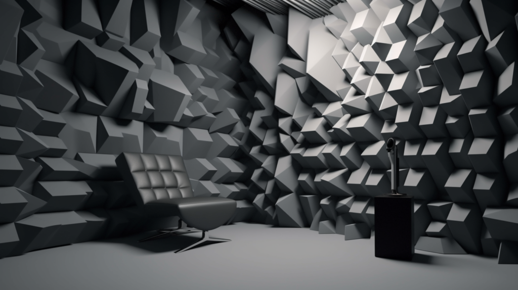 A visual representation of the importance of acoustic foam in a recording studio. The image features a recording space adorned with strategically placed acoustic foam panels, showcasing their role in controlling and manipulating sound waves. Variations in foam shapes, including wedges and pyramids, highlight the diversity available. This visual representation emphasizes the meticulous attention to sound quality and clarity in a recording studio, illustrating the significance of acoustic foam for artists, sound engineers, and recording enthusiasts dealing with challenges related to high-frequency sounds and flutter echo