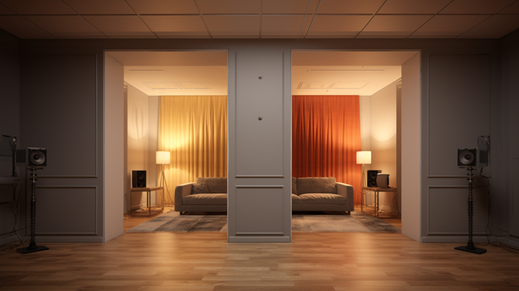 The image shows an acoustic foam panel mounted on a wall within a home theater. The foam panel is strategically positioned to maximize sound absorption, creating an improved acoustic environment by minimizing echoes and reverberations for an enhanced movie and music experience.
