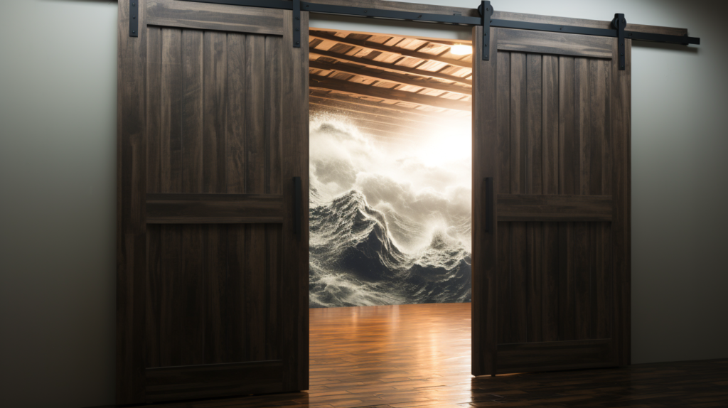 An illustrative representation unveils the soundproofing challenges posed by barn doors, despite their aesthetic allure. Sound waves subtly navigate through gaps in the sides, top, or bottom of the sliding door, highlighting the inherent imperfections in sealing. A comparison between solid wood and glass-panel doors accentuates the varying degrees of sound insulation. Close-ups of the door's hardware underscore the potential weak links, emphasizing the need for careful selection and installation to preserve the barn door's charm while enhancing its soundproofing capabilities