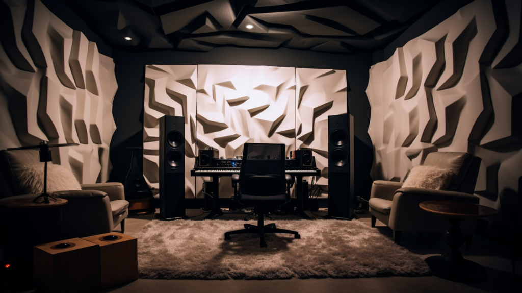 An engaging image illustrating the meticulous consideration of room architecture before installing acoustic foam. In this visual depiction, an artist studies the dimensions and shapes of a virtual room, envisioning how sound waves will interact with the space. Acoustic foam panels are strategically placed, symbolizing the precision required to transform a room into an acoustically optimized haven for a home studio. This image captures the essence of thoughtful planning and the symbiotic relationship between room architecture and acoustic treatment