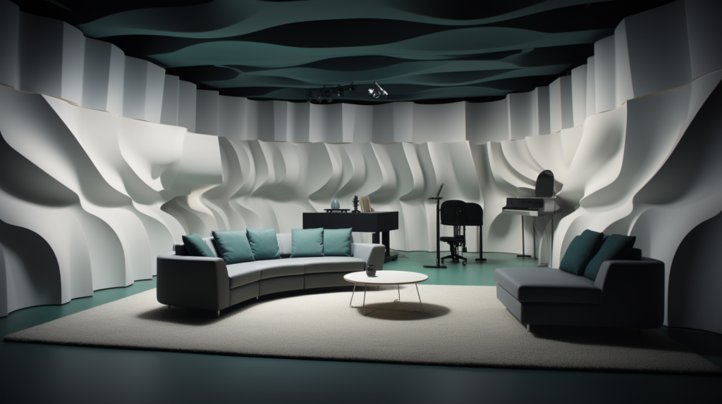A visually compelling image showcasing the strategic placement of acoustic foam in key areas of a room. Troublesome corners are transformed with the integration of bass traps, expertly absorbing low-frequency buildup. Foam panels on the ceiling capture and neutralize upward-bound sound waves, ensuring a pristine recording environment for home studios. The walls, especially the first reflection points, feature acoustic foam, symbolizing a meticulous approach to sound optimization. This image encapsulates the artful balance of form and function in the quest for acoustic excellence