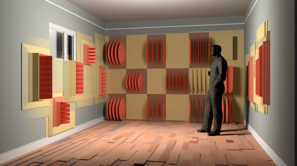 In a room treated with bass traps, the mid-journey image illustrates the limited impact on preventing sound transmission through walls and flanking paths. The person in the room wears a puzzled expression, emphasizing the misunderstanding of bass traps' capabilities for soundproofing. The image conveys the need for dense and obstructive materials in true soundproofing, clarifying the ineffectiveness of bass traps for this specific purpose.