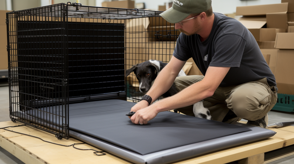 In an image portraying the preparation stage for soundproofing a dog crate, various dog crates are showcased, emphasizing the selection of one with solid walls and ventilation panels. Essential soundproofing materials, including automotive sound deadening sheets and a moisture-proof mat, are displayed. Tools such as a measuring tape, utility knife, and a roller are presented for the installation process. The mid-journey visual conveys readiness and organization before starting the soundproofing project.