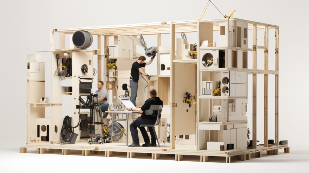 In a visual metaphor, disruptive waves of noise from a loud machine are contained within a soundproof box, symbolizing the motivations for acoustic isolation. Sturdy walls suppress the noise, allowing individuals in the foreground to engage in various activities with ease—a person concentrating on work, another communicating effortlessly, and someone enjoying a peaceful moment. This image captures the transformative power of soundproofing, emphasizing the broader benefits it brings to health, productivity, and harmonious living