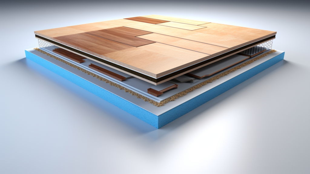 Choosing a Soundproof Subfloor and Floating Floor. The image illustrates the construction of a soundproof subfloor and the installation of a floating floor in a garden room. It showcases the building of a floating concrete slab or double-layered plywood subfloor with sound absorbing material in between. The continuous foam underlayment rated for sound control is depicted, along with the placement of laminate, engineered wood, or vinyl plank flooring. The visual emphasizes the importance of avoiding rigid bonding to the structural subfloor for effective isolation of impact sounds and footfalls, ensuring a quiet and peaceful environment below