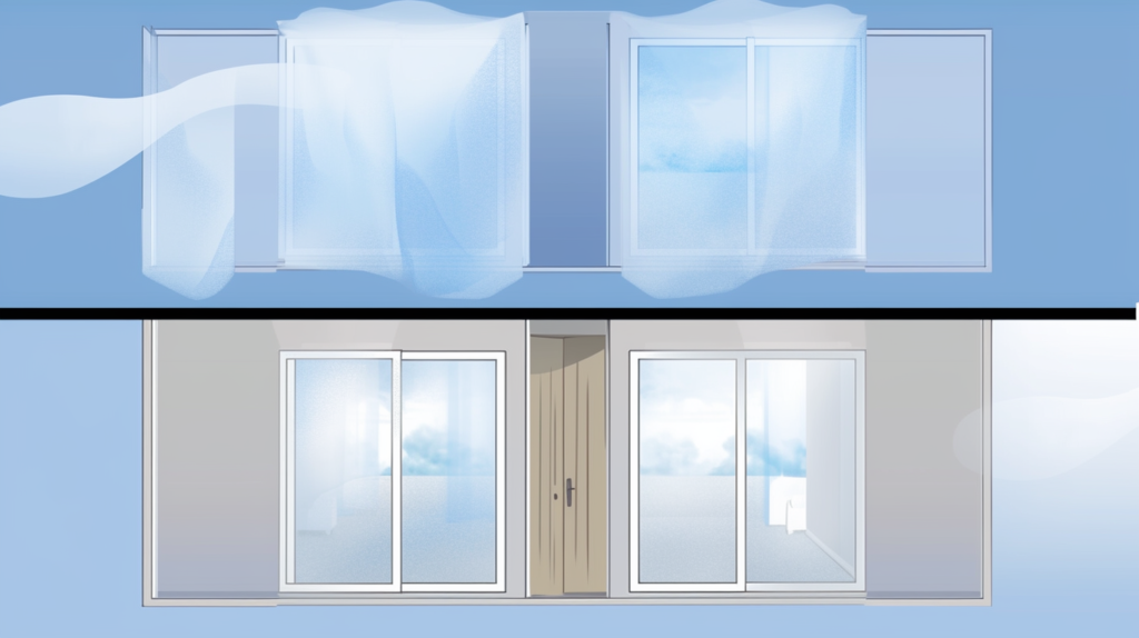 The image illustrates alternatives to soundproof curtains for reducing noise intrusion through windows. It showcases visuals of double or triple-pane windows, laminated glass with internal plastic layers, acoustic window inserts, and interior storm windows. Icons representing solid core doors, improved door seals, and thresholds emphasize additional noise control methods. The visual highlights the comparison in complexity and cost between these alternatives and the simplicity of using soundproof curtains. This provides insights into various options for addressing window noise in a space