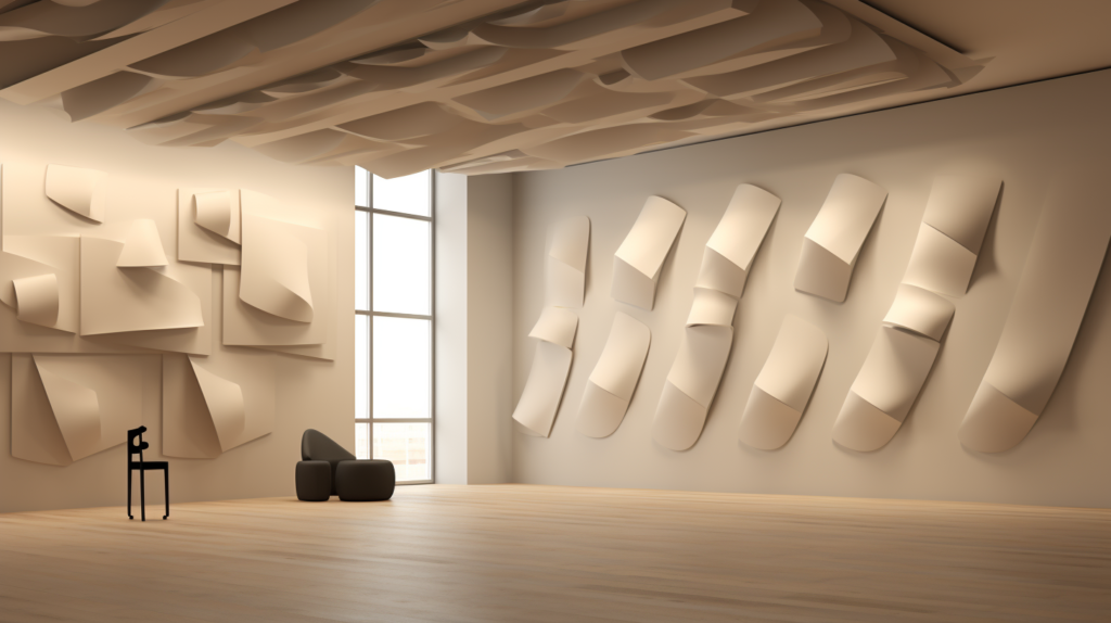 Adding Sound Diffusers and Absorbers for Interior Acoustics. The image captures the thoughtful installation of sound-absorbing and diffusing panels in a garden room. It showcases the strategic placement of acoustic foam, fiberglass, or felt panels on walls for broadband sound absorption. Bass traps in corners and diffusers with convoluted surfaces are also depicted, highlighting their contribution to minimizing low-frequency buildup and scattering sound evenly across the space. The visual emphasizes the importance of achieving 25-30% wall and ceiling coverage with a mix of absorptive and diffusing finishes for significant improvements in room acoustics and a comfortable acoustic environment