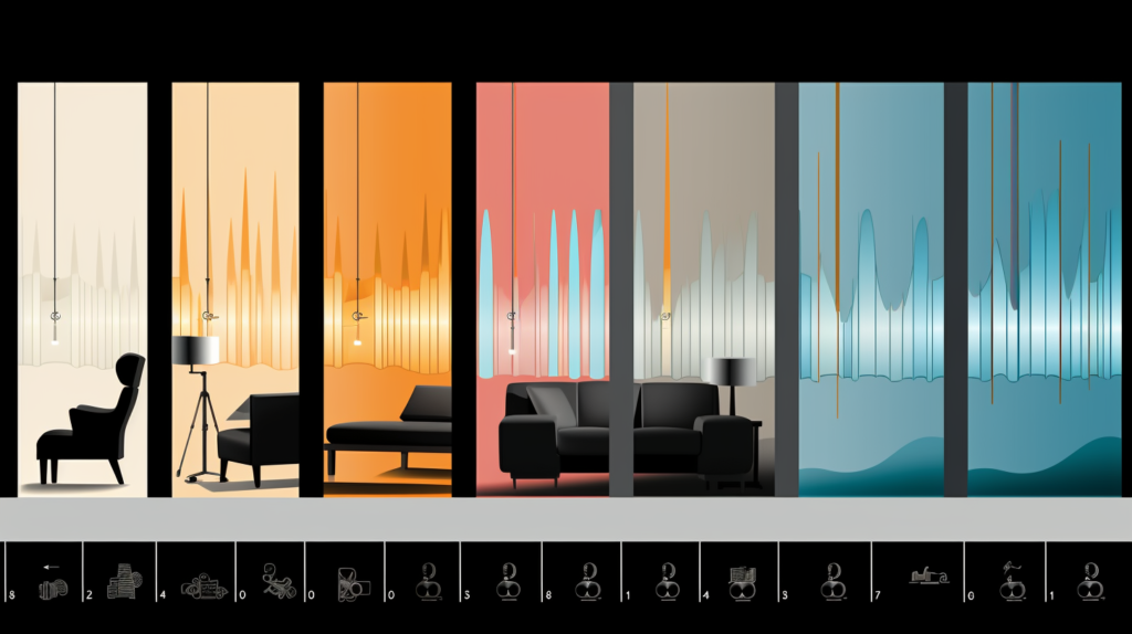 The image illustrates factors determining how well soundproof curtains work. It compares heavy, dense curtains made from materials like velvet and brocade to lightweight, thin curtains like basic cotton sheers, highlighting the difference in noise reduction capabilities. Visuals emphasize the importance of overall thickness, density, and fabric types in achieving effective sound absorption. Curtains with sufficient density and weight, fully covering windows without gaps, are showcased for optimal noise reduction. Icons represent different types of noise, emphasizing the curtains' effectiveness against high-frequency external sounds. This visual guide provides insights into the key factors influencing soundproof curtain performance