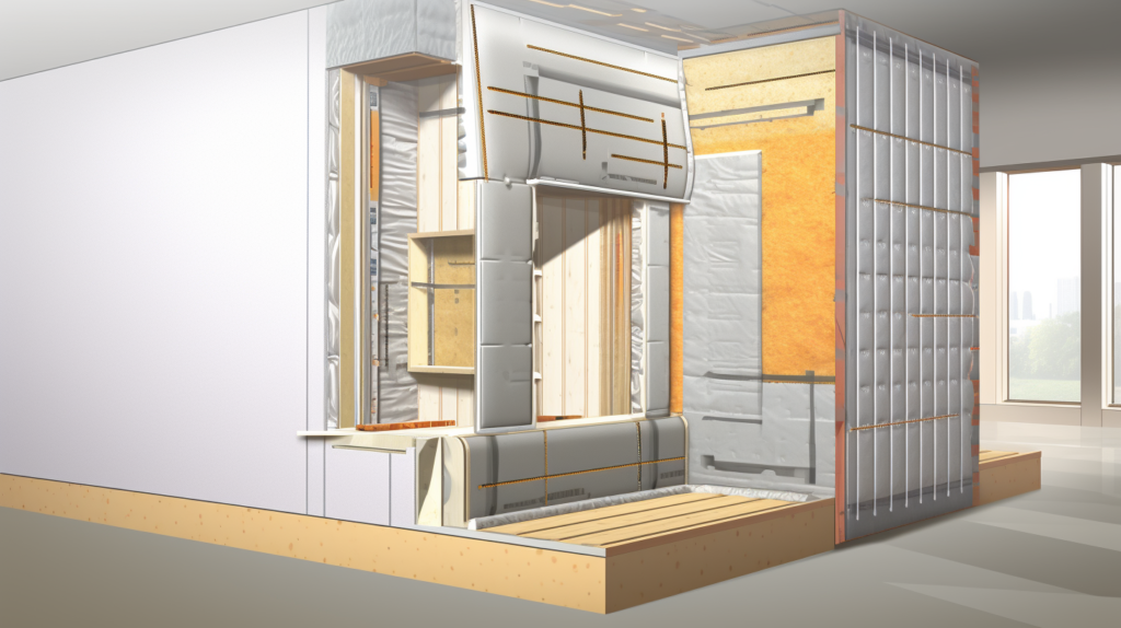  Incorporating Soundproofing Materials for Interior Walls. The image illustrates the careful construction of interior walls in a soundproof garden room, highlighting the use of specialized sound dampening drywall, resilient channels, and staggered stud arrangements. The visual emphasizes the incorporation of acoustical caulk between layers, sandwiching damping compound for maximum effectiveness. The selection of sound-absorbing insulation like rockwool and the proper sealing around outlets, vents, piping, and trim are also depicted. These meticulous steps contribute significantly to enhancing the overall soundproofing performance of the garden room