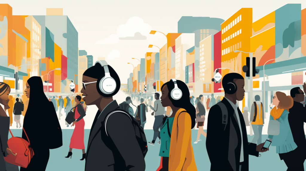 The image illustrates the benefits of soundproof ANC headphones. Visuals include a focused individual working or studying, representing enhanced concentration. A volume control icon emphasizes hearing protection by allowing safe calibration. Another illustration shows a person enjoying content without disturbing those around, highlighting sound leakage prevention. A scene of immersive listening portrays someone fully engaged in music, movies, games, or a call. Privacy is depicted with a person in a public space, ensuring confidentiality with headphones. The image also showcases a foldable or collapsible headphone design for easy portability and emphasizes comfort with a person wearing headphones comfortably. These visuals capture the diverse advantages of soundproof ANC headphones for various scenarios
