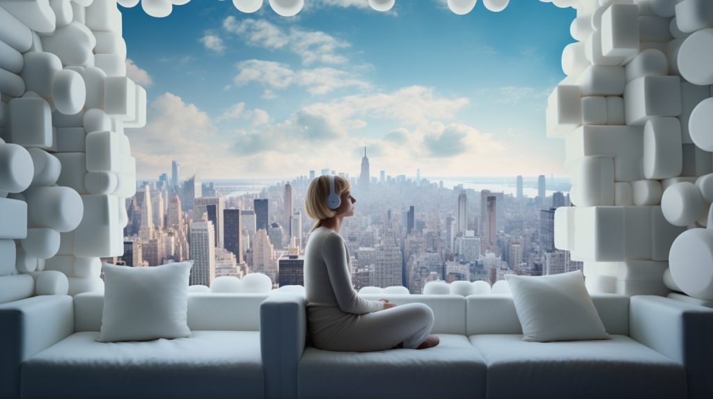 In a room treated with soundproofing foam, the mid-journey image showcases its application on walls or within cavities. The room is depicted in a state of tranquility, contrasting with a noisy city backdrop. The person in the room wears a content expression, symbolizing the success of soundproofing foam in creating a peaceful environment.