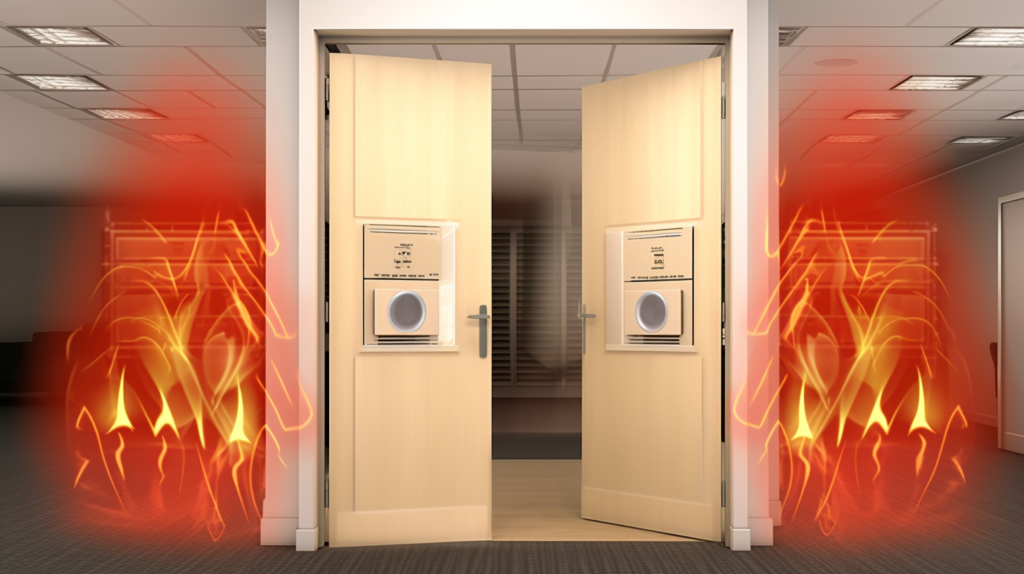 In a visual comparison, two fire doors stand side by side - one constructed with heavier materials and tightly installed, and the other with gaps around the edges. The mid-journey image highlights the differences in construction, emphasizing the impact of material density and installation on soundproofing efficiency. The person in the image interacts with the doors, symbolizing the challenges posed by gaps in fire door installations for both soundproofing and practical use.