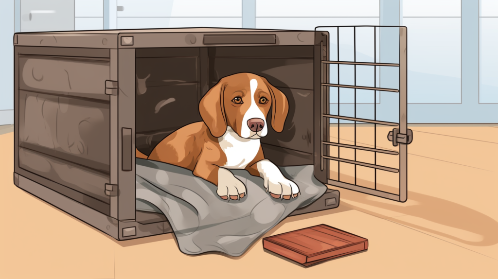 In an image illustrating the process of soundproofing a dog crate, a dog crate is transformed into a cozy and quiet space. The mid-journey visual depicts the application of soundproofing materials, such as automotive sound deadening sheets, on the crate walls, ensuring proper coverage. The dog inside the crate appears calm and content, highlighting the positive impact of soundproofing on the pet's well-being. Toys and a comfortable mat inside the crate emphasize the creation of a serene sanctuary.