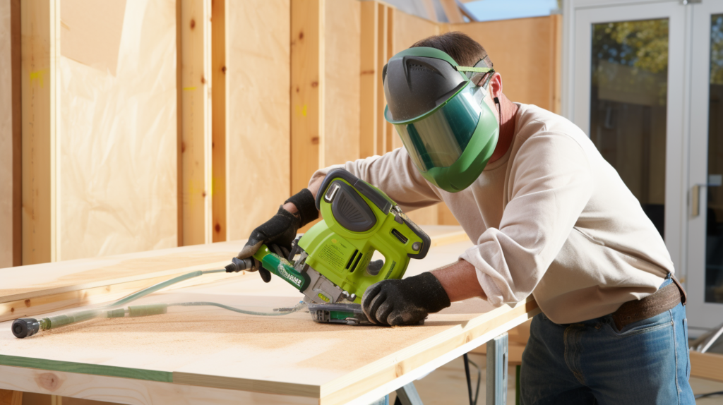 Hands, clad in work gloves, skillfully wield a circular saw, cutting oversized plywood panels for the soundproof box walls. Green Glue, applied with precision using a notched trowel, is sandwiched between the layers for optimal soundproofing. Clamps tightly hold the layers together, and exterior-grade fasteners are driven in to secure the assembly. This image captures the craftsmanship, attention to detail, and the meticulous process of creating a sturdy, soundproof framework for the box, marking a pivotal moment in the construction journey