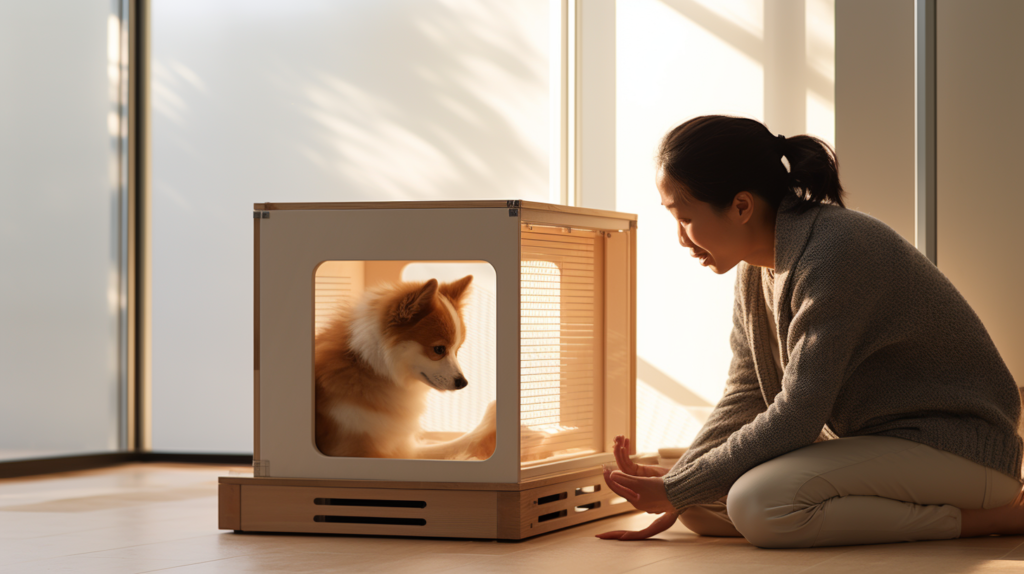 In a visual depiction, a person is shown making thoughtful adjustments to their dog's soundproofed crate. The image conveys a sense of attentiveness and adaptability as the person examines the crate, potentially modifying the soundproofing setup. The dog is present, displaying signs of contentment or curiosity, emphasizing the owner's dedication to maintaining an optimal and accommodating environment for their pet.