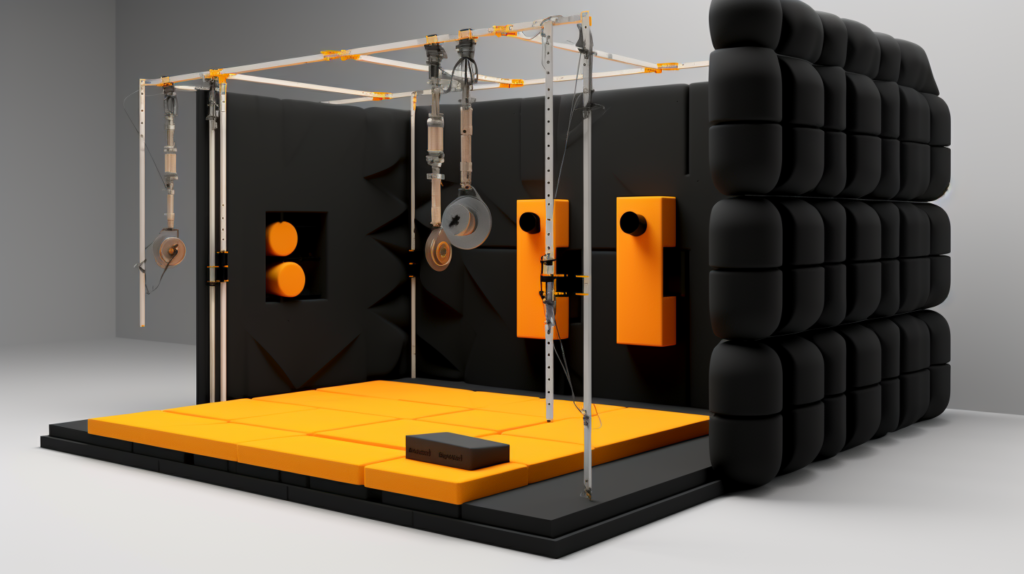 The image captures the crucial step of de-coupling the soundproof box from surrounding structures. Dense soundproofing isolation pads, strategically placed under the box during installation, serve as a barrier against structure-borne noise transmission. Another shot showcases the isolation of the noisy machine inside the box using neoprene vibration pads, with the equipment placed on a raised platform or rails. This visual narrative conveys the importance of isolating both the box and the equipment to prevent vibrations from being transmitted, ensuring optimal soundproofing effectiveness