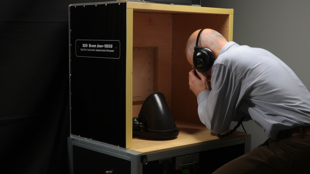 The image captures the moment of initial testing for the soundproof box. The noisy equipment is carefully placed inside, and the box is tightly sealed. A person, holding a sound level meter, is seen attentively listening from all sides during a test cycle. This visual narrative symbolizes the commitment to ensuring optimal function and sound reduction before the soundproof box is permanently installed and put into use, marking the final step in the transformative process
