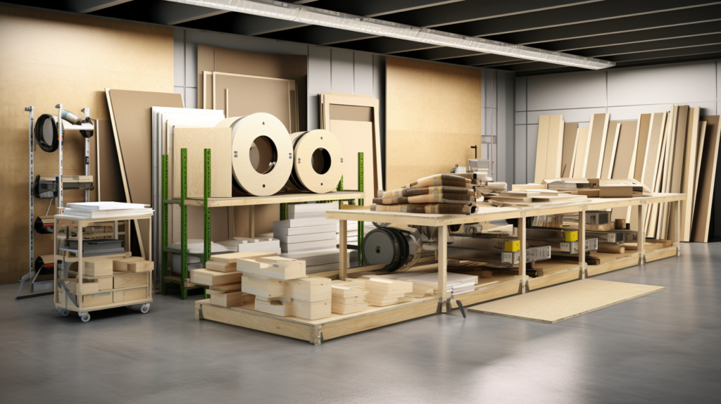 A well-organized workspace showcases the array of materials essential for constructing a soundproof box. Neatly arranged stacks of rigid plywood boards, rolls of mass loaded vinyl, tubes of Green Glue, acoustic caulk, and specialized hardware create a visual narrative of readiness. This image embodies the importance of having the right components on hand for a seamless DIY project, marking the beginning of the journey to craft an effective soundproof enclosure. The workspace, bathed in focused light, symbolizes the starting point of the transformative process.