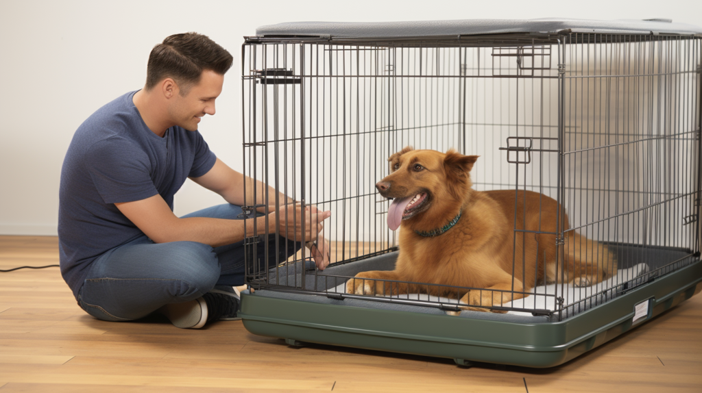 In an illustrative image, a person is shown closely monitoring their dog's reaction to the recently soundproofed crate. The dog is depicted interacting with the crate, showing signs of comfort and contentment. The person observes the dog's behavior attentively, ensuring the pet's well-being and confirming the positive impact of the soundproofing modifications on creating a serene environment.