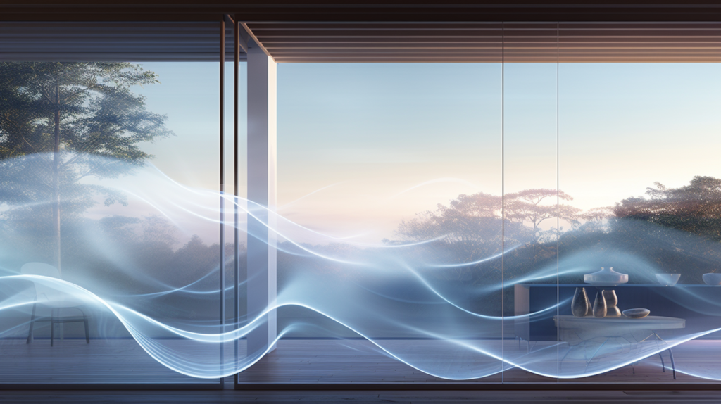 An illustrative representation of a sound wave encountering a triple-glazed window. Three layers of glass and air-filled spaces act as barriers, absorbing and diminishing the energy of the wave. The design, akin to a finely tuned instrument, highlights the window's ability to attenuate high-frequency noises and maintain a tranquil interior.