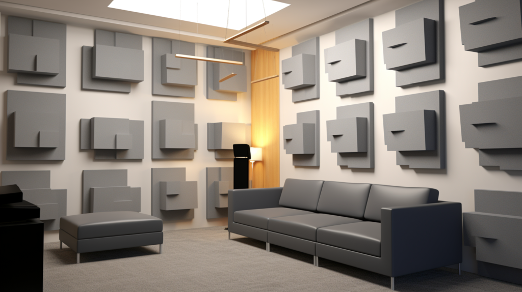 Experience the improvement of sound quality within a fully soundproofed room through this image. Acoustic panels, strategically placed on the walls and corners, enhance the room's acoustics. The panels, made of polyester fiber, acoustic foam, and fabric-wrapped fiberglass, contribute to broadband sound absorption. Their arrangement is designed to absorb echoes, reverberation, and standing waves, creating a space with improved acoustics and reduced sound distractions