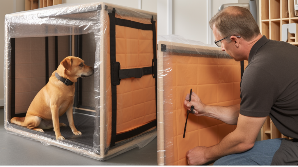 In an illustrative image, a person is shown carefully inspecting the soundproofing panels inside a dog crate to ensure there are no loose edges or corners that could pose a risk to the pet. Another scene depicts the person checking the adhesive used for the soundproofing materials, highlighting its strength and non-toxic properties. The image also includes a visual of the person examining the crate's functionality, focusing on doors opening and closing smoothly, locks securing properly, and the overall structure remaining safe for the dog.