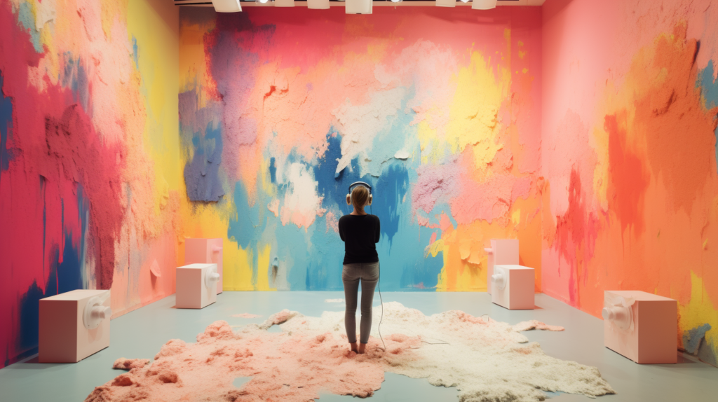 In a room coated with soundproofing paint, a person stands amidst various sounds, highlighting the limitations of the paint. The mid-journey image captures the reduction in high-frequency noises like ringing phones, emphasizing the paint's effectiveness in certain scenarios. However, the person still contends with persistent low-frequency sounds such as city traffic and machinery, illustrating the challenges of relying solely on soundproof paint for comprehensive noise reduction.