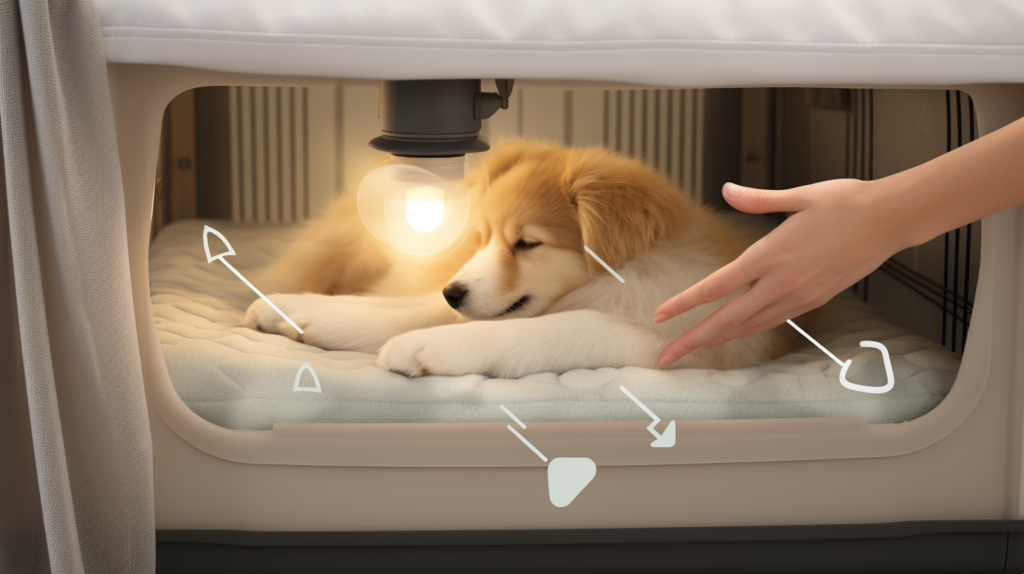 In an illustrative image, a person is shown placing a plush and comfortable bed inside a soundproofed dog crate, covering the entire floor area. Another depiction shows the person using a pheromone diffuser or spray near the crate to create a soothing environment for the pet. The scene underscores the significance of combining soft bedding and calming pheromones to establish a serene sanctuary within the soundproofed crate.
