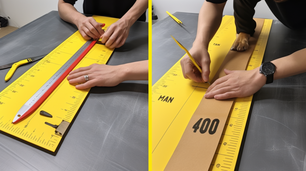In a step-by-step visual guide to soundproofing a dog crate, the first image shows a person measuring the length and height of a dog crate with a tape measure. The second image illustrates the careful cutting of sound deadening sheets on a flat surface using a straight edge and utility knife. The third image depicts the application of adhesive-backed sound deadening sheets onto the crate walls, ensuring a smooth and bubble-free finish. The final image shows the placement of a moisture-proof mat on the crate floor for added comfort.