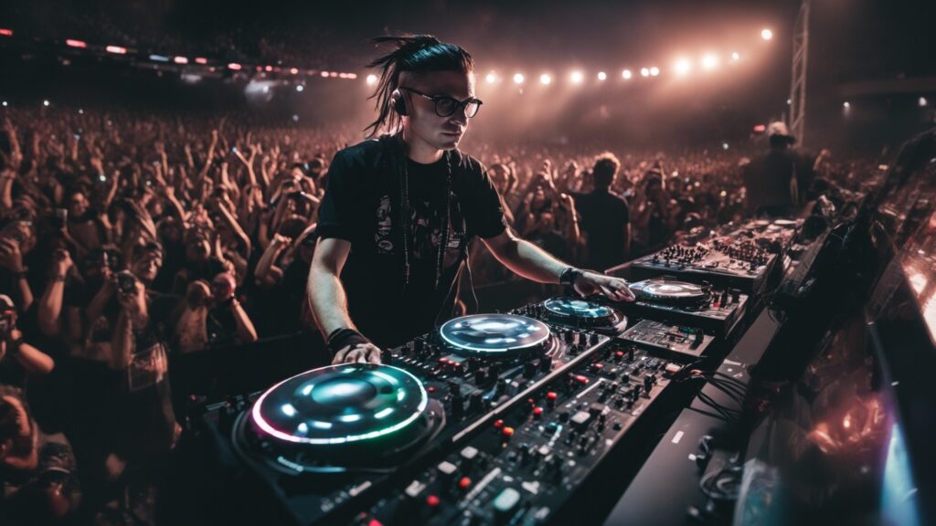 Skrillex commands the stage with unparalleled energy, surrounded by a vibrant light show and an enthusiastic audience. The Pioneer DDJ-SX2, his trusted DJ controller, stands at the heart of his setup, facilitating the magic of his live performances with Serato DJ software.