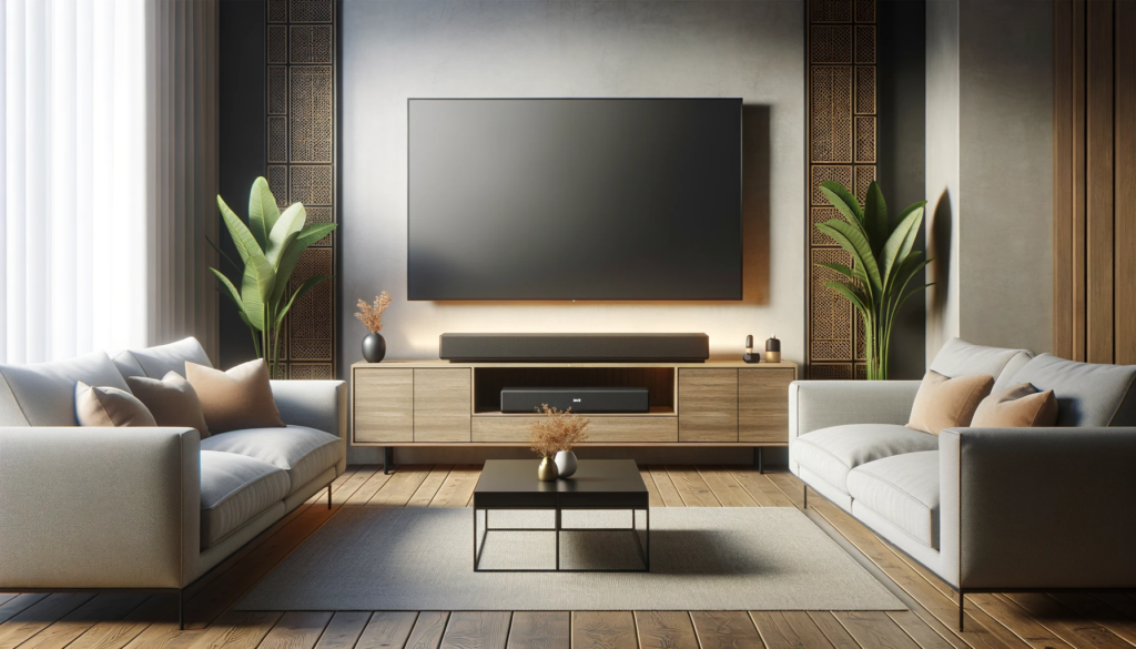 Top 5 Best Budget Soundbars For 2024 Burton S Blog   DALL·E 2024 01 24 10.14.33 A Sleek Modern Living Room With A Large Flat Screen TV Mounted On The Wall Above A Minimalist Wooden Entertainment Console. A Stylish Budget Soundbar 1024x585 