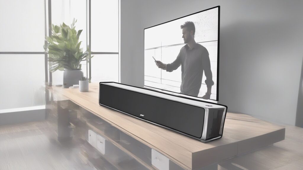 An individual examining the back of a Bose soundbar, searching for the model number label, as described in the blog. Another scene displays the soundbar powered on, revealing information on a screen. The image encapsulates the straightforward steps outlined in the blog post, making it easy for users to identify their Bose soundbar model