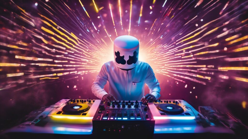 In the heart of a pulsating crowd, Marshmello stands adorned in his luminous marshmallow mask, orchestrating an electrifying performance with the Pioneer DDJ-SZ2 Serato DJ controller. The image captures the essence of Marshmello's high-energy sets, where the DDJ-SZ2 becomes an extension of his creativity. The iconic mask, the controller's tactile controls, and the energetic crowd form a visual symphony, symbolizing the exhilarating journey of Marshmello's musical artistry.