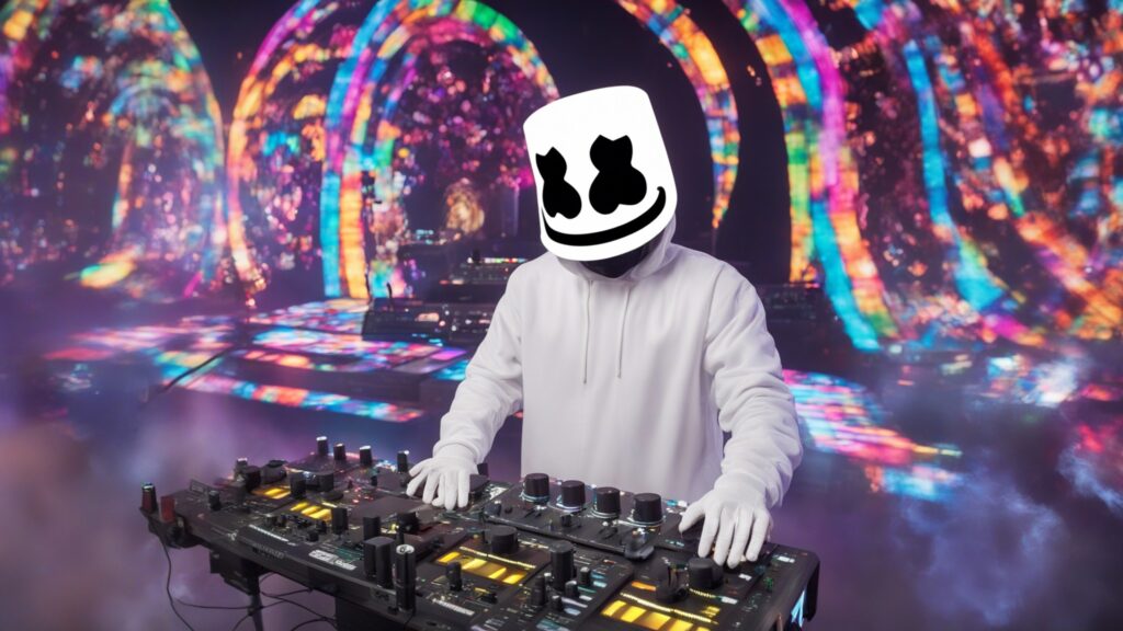 In the heart of a pulsating festival crowd, Marshmello stands adorned in his luminous marshmallow mask, manipulating the Pioneer DDJ-SZ2 controller with precision. The image captures the fusion of dynamic energy and meticulous control, symbolizing Marshmello's ability to captivate audiences worldwide. The DDJ-SZ2's tactile features become an extension of Marshmello's creativity, allowing him to reimagine and remix his catalog in real-time, creating an unforgettable experience for his devoted fans