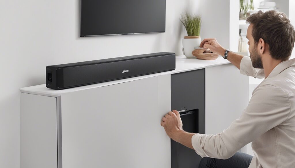 A user carefully examining the bottom of a Bose soundbar, following the blog's instructions to find the model number. The image captures the essence of the search, with focused attention on potential locations like the bottom and rear panel. The visual guide aligns with the detailed steps outlined in the blog post for quick and efficient identification of the Bose soundbar model.