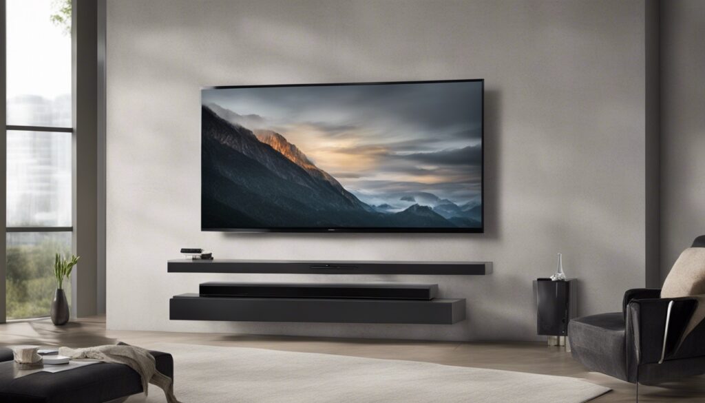 In the symphony of room integration, envision a mid-journey tableau where the seeker grapples with the final piece of the puzzle – selecting the mounting style for the soundbar in the living space with a fifty-five inch TV. The image captures the essence of choice, as the soundbar takes center stage either mounted with minimalist elegance on the wall or positioned on a TV stand, each option a brushstroke shaping the canvas of your room. The alternative text weaves a narrative of consideration, urging the buyer to balance room aesthetics with acoustics, factoring in the reflection of sound from adjoining walls and the impact of furnishings on audio absorption. As the seeker ponders the preference for a sleek, modern look or prioritizes acoustics over aesthetics, the scene resonates with the quest for the ideal installation method. This visual journey epitomizes the art of achieving the pinnacle of soundbar performance, seamlessly blending with the complete living room entertainment setup