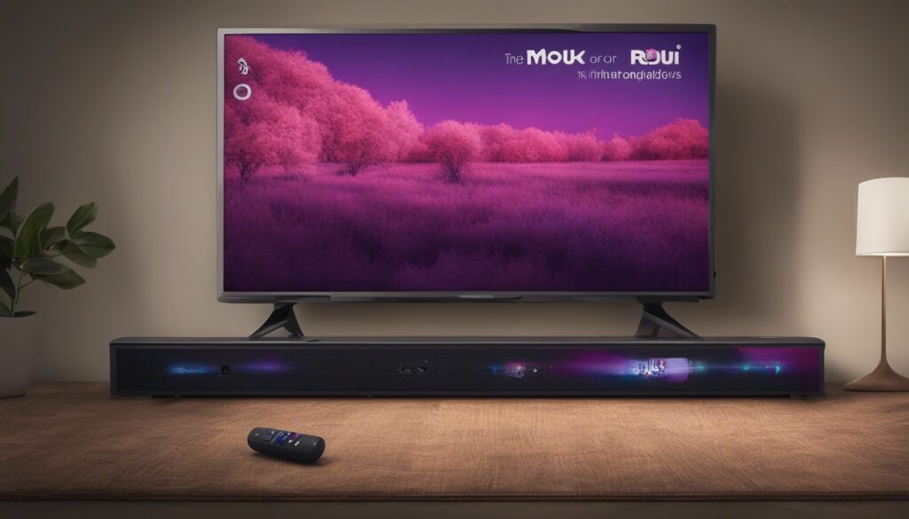 Close-up image of a Roku TV remote, showcasing the bottom front area with a highlighted dark purple window. This window serves as the infrared (IR) blaster, allowing users to identify if their remote is compatible with controlling other devices, such as a soundbar. The image provides a clear visual guide for users to determine remote compatibility and enhance their home entertainment experience.