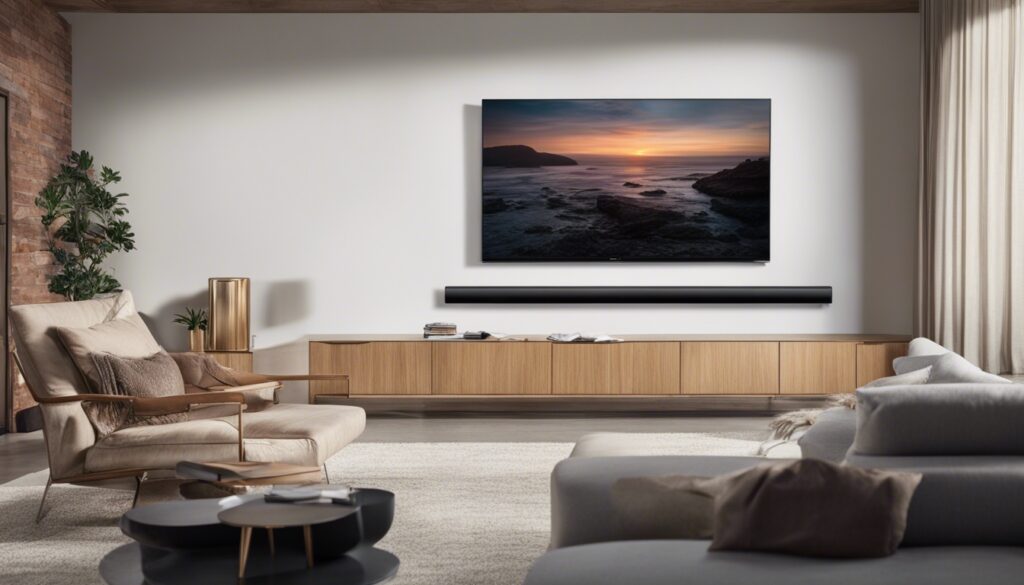 As the 55-inch TV takes center stage, a carefully selected soundbar elegantly complements its presence, creating a cinematic tableau of audio-visual perfection. The soundbar, seamlessly aligned with the TV, symbolizes a tailored audio journey that enriches every frame. The alternative text paints a picture of sophisticated balance – where immersive audio and captivating visuals unite, transforming your living space into a haven of entertainment. A whisper of cinematic enchantment awaits, promising a symphony of sights and sounds that redefine your viewing pleasure
