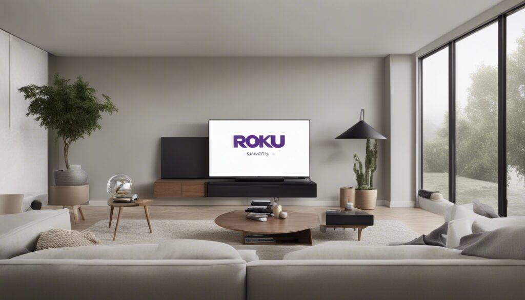 A user seamlessly programming a Roku TV remote to control a soundbar, transforming the living room into an organized and streamlined entertainment hub. The image conveys the convenience of consolidating multiple remotes into one, enhancing the overall viewing experience with simplicity and elegance.