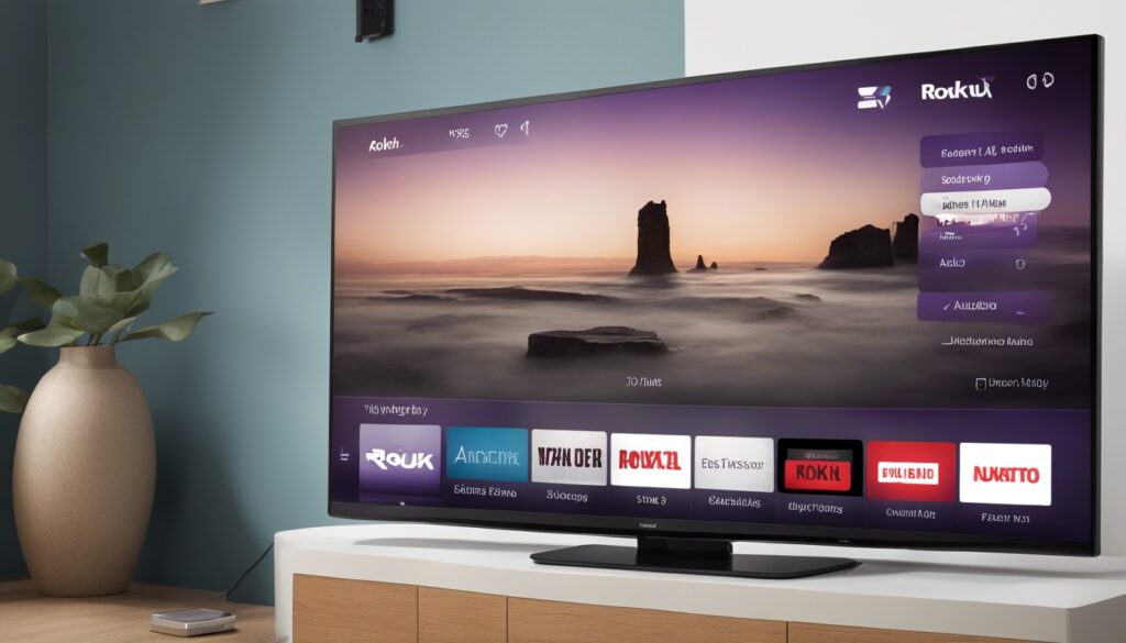 Interactive on-screen image displaying a user exploring Roku TV audio settings post-setup. Highlights include selecting sound modes, adjusting audio delay, enabling volume leveling, activating night listening mode, and customizing equalizer settings. The image promotes the idea of personalized audio experiences, empowering users to fine-tune their soundbar preferences for a customized and immersive home theater setup using the Roku TV remote.