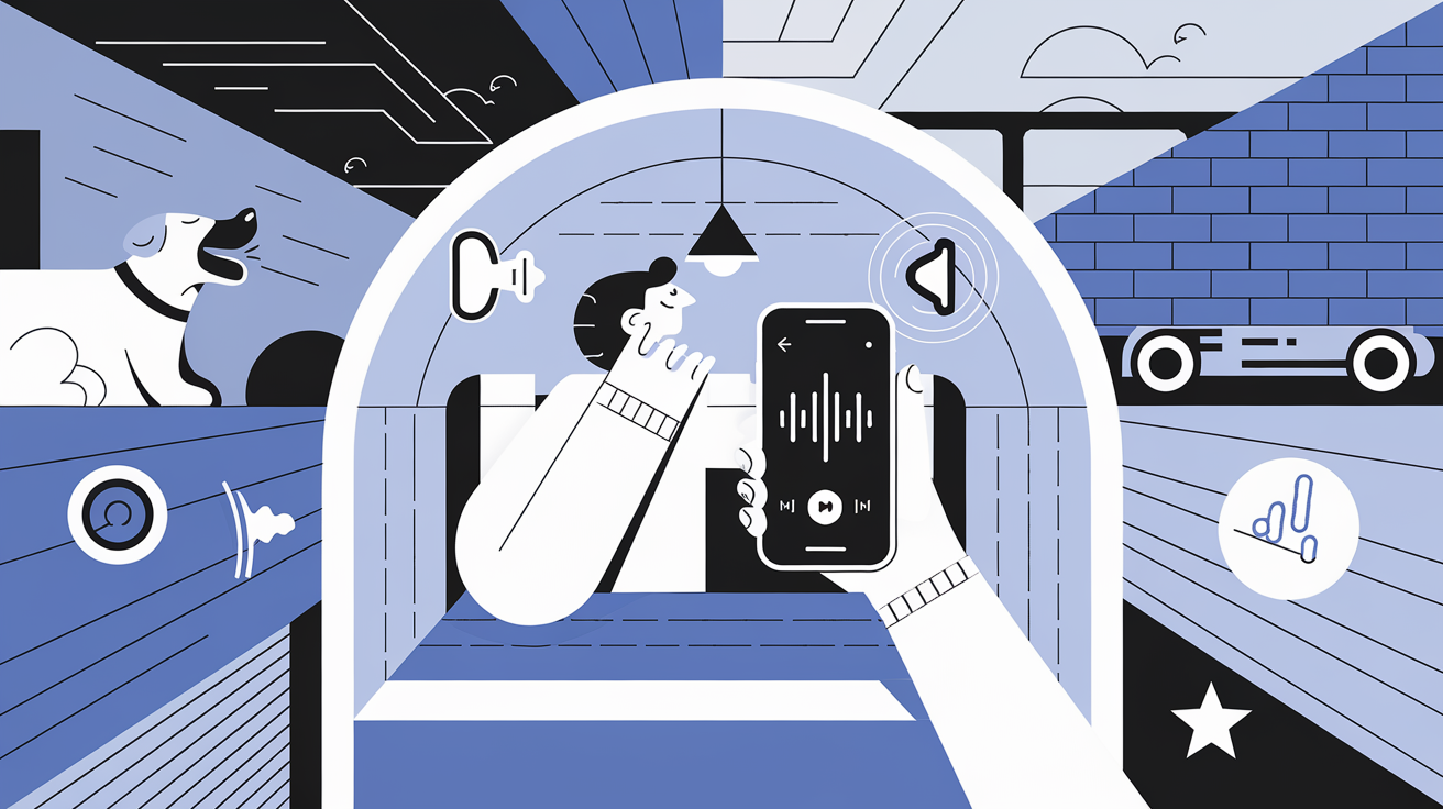 Illustration of a person testing soundproofing with a smartphone app, blocking dog and traffic noise outside a quiet room.