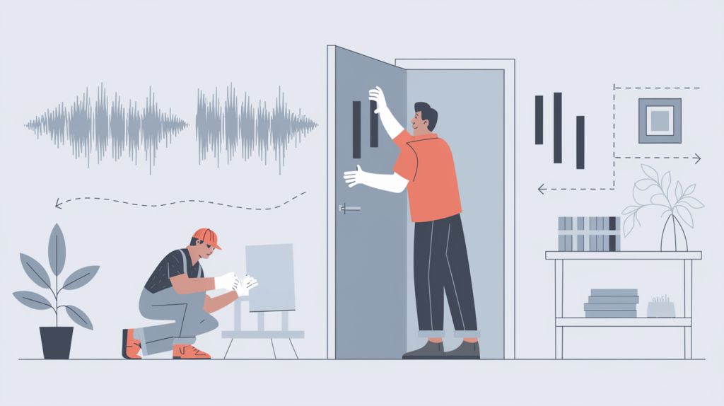 A door soundproofed with panels and vinyl, blocking sound waves, shown with a person installing materials in a modern home setting.