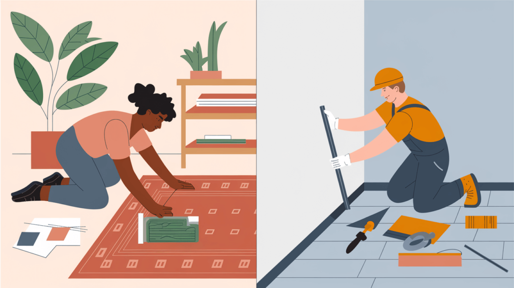 Illustration of DIY vs. professional soundproofing, comparing rug installation and wall setup