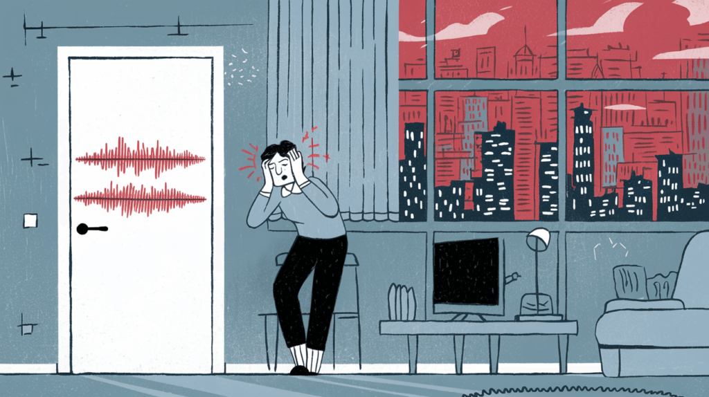 A frustrated person in their noisy city apartment, covering their ears as sound waves from traffic, dogs, and neighbors leak through a door, with a chaotic gray and red city skyline in the background.