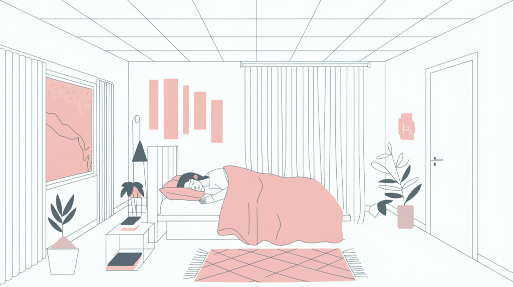 A serene, modern bedroom with soundproof curtains, wall panels, a solid-core door, ceiling tiles, and a thick rug, featuring soft pink and orange accents, showing a person sleeping peacefully.