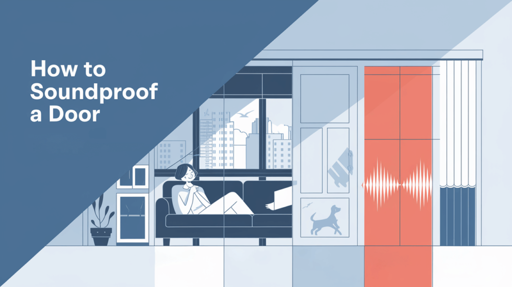 A serene home interior with soundproofed doors (hollow-core, glass, solid) blocking noise from traffic and household sounds, showing a smiling person in a peaceful space, with a partial orange border and text 'Quiet Your Space Today.