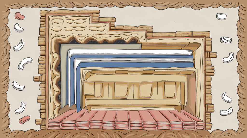 Illustration of a soundproofed wall cross-section with drywall and insulation, showing how it works.