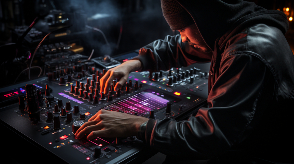A dynamic image capturing a DJ in action, hands adjusting the main volume knob on the audio interface while simultaneously fine-tuning channel levels on the DJ controller. The intensity of the moment is reflected in the illuminated interface and focused expression. The play of lights and shadows adds a dramatic touch, symbolizing the fine balance required to set the perfect audio levels. The well-organized DJ setup with headphones and speakers completes the immersive scene, highlighting the importance of precision in volume and mixer adjustments for an optimal DJing experience.