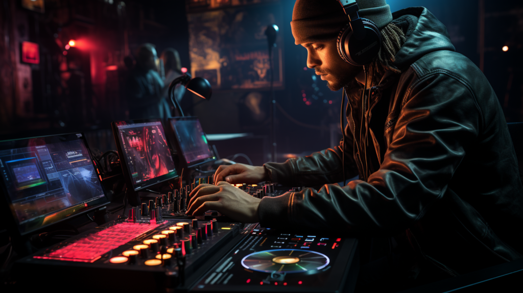 A DJ carefully examining various controllers and audio interfaces, weighing factors like channel capacity, software compatibility, and connectivity options. The image portrays a decisive moment in the equipment selection process, with hands reaching towards advanced controllers and interfaces on a sleek table. The scene captures the importance of making informed choices to ensure seamless integration and optimal performance in the DJ setup.